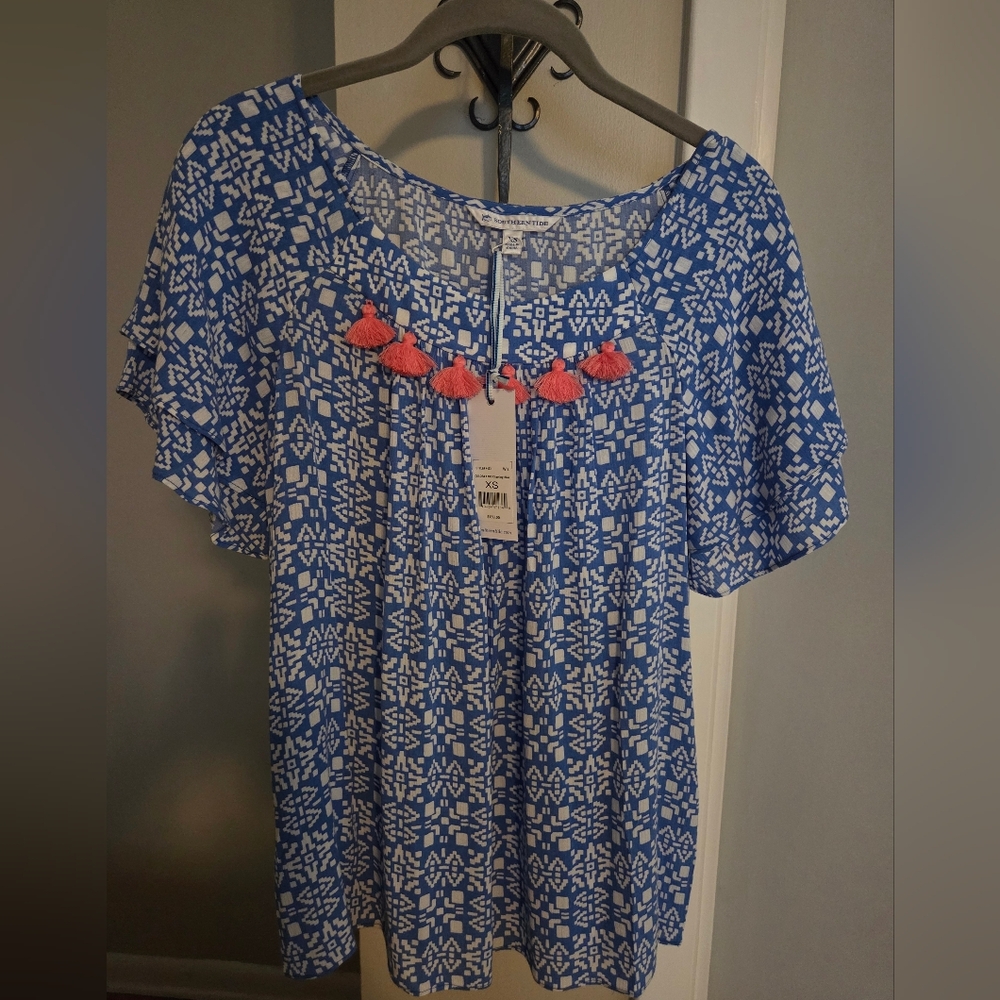 Southern Tide Delilah Flutter Sleeve Tassel Top in Charting Blue, size XS